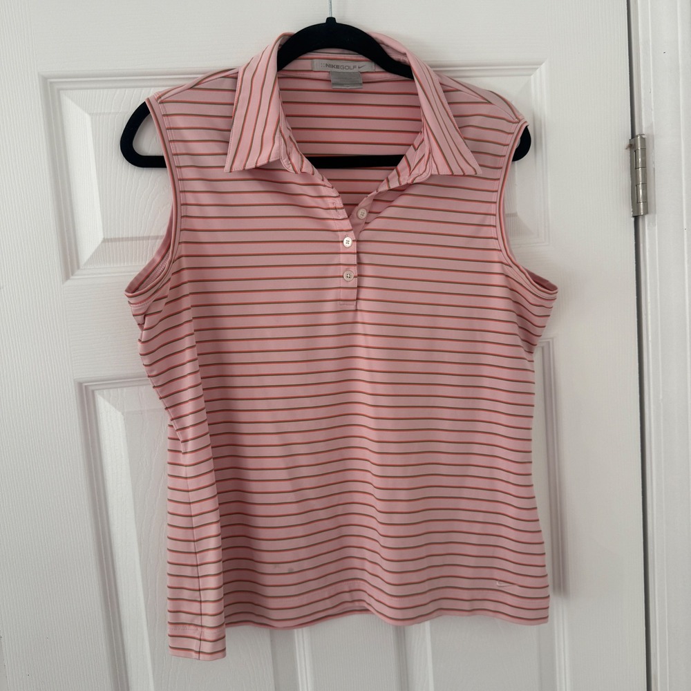 Nike Golf Pink Stripe Sleeveless Polo Shirt L 12 14 Fit Dry FLAW Preppy Print‎